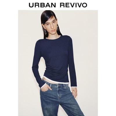UR 2026 Spring Women's Color-block Faux Two-Piece Pleated T-Shirt