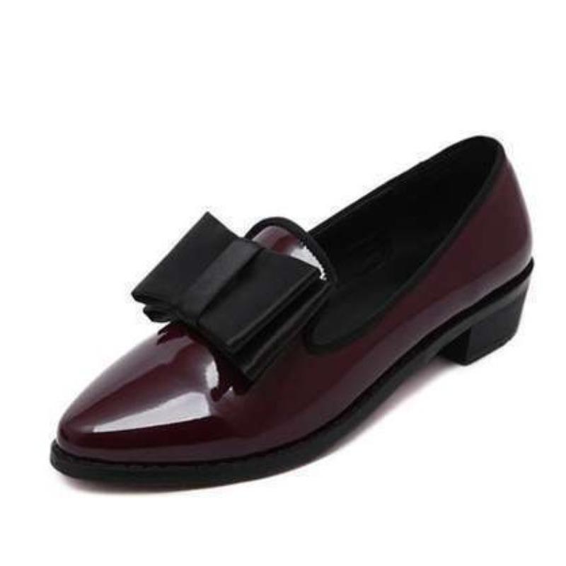 Bowknot High Heeled Small Leather Shoes for Women,Fashionable Pointed Toe, Large Size, Shiny Leather, Low Heel Women's Shoes