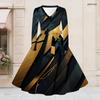 Women Plus Size V Neck Long Sleeve Geometric Printed Black Green A Line Dress With Belt