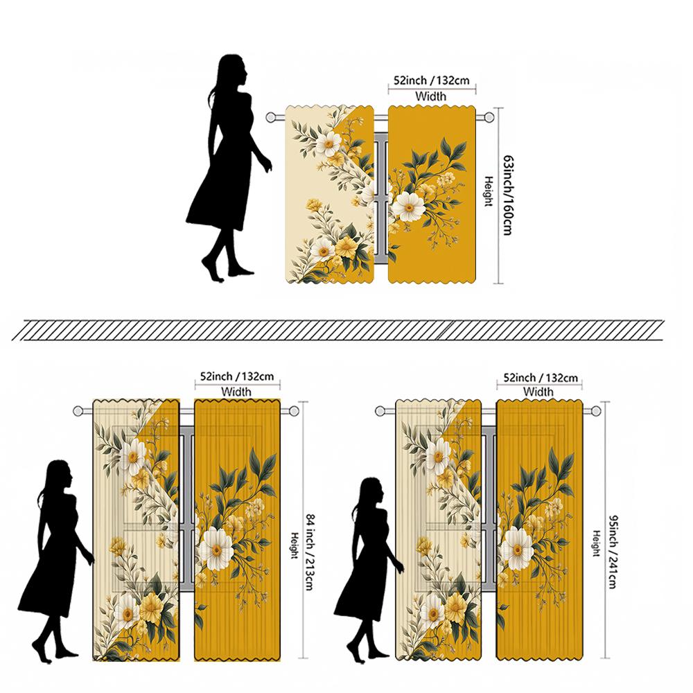 Piece Set High Definition Digital Printed Curtainyellow Background Floral Pattern White Yellow Flowers Green Curtain Made Of Polyester