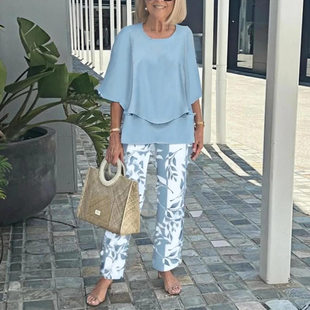 Women's Fashion Casual Loose Solid-color Cotton and Linen Two-piece Set