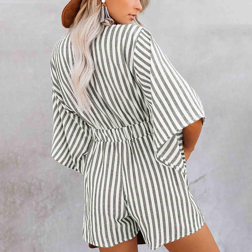 Summer Women'S Beach Resort Striped Knotted Tie Half-Sleeve V-Neck Slim Fit Waist Elastic Jumpsuit