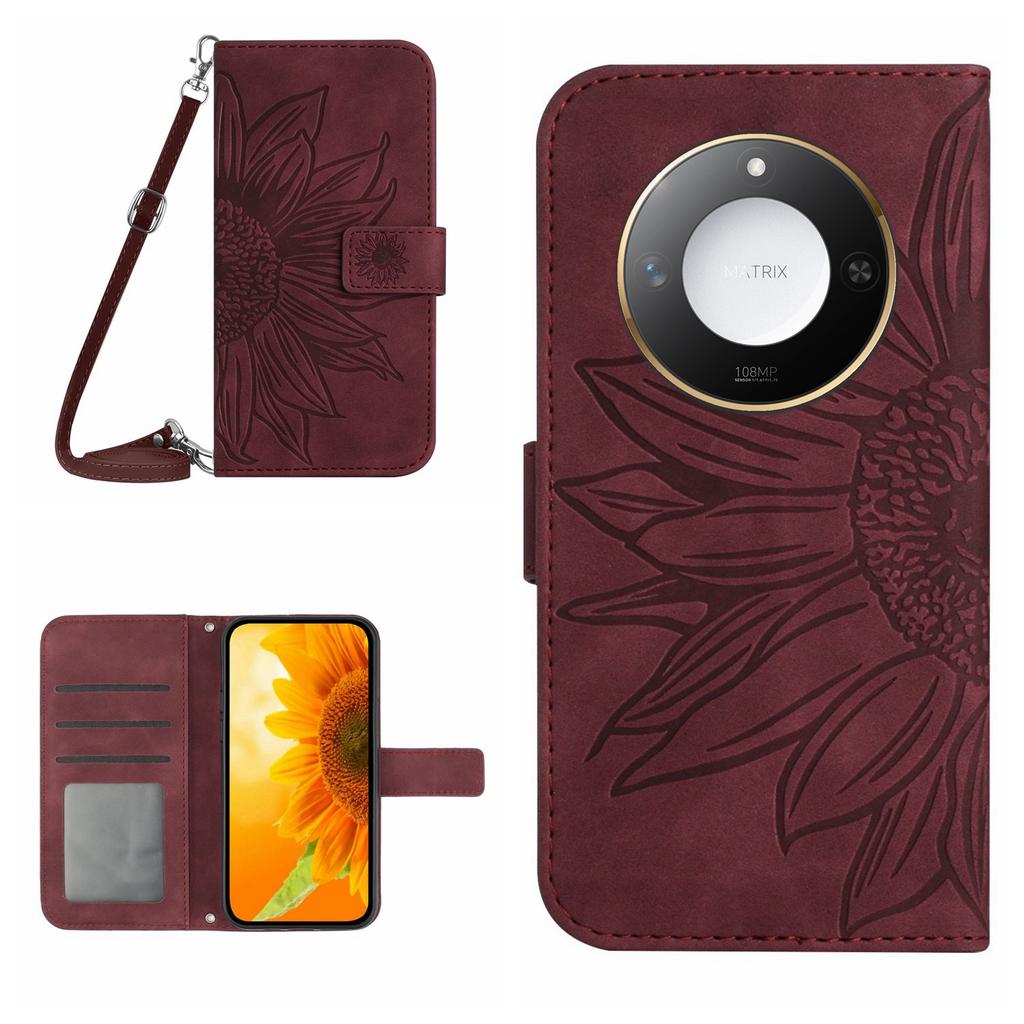 For Honor X9c Smart 5G Case Sunflower Imprint PU Leather Phone Cover with Long Strap