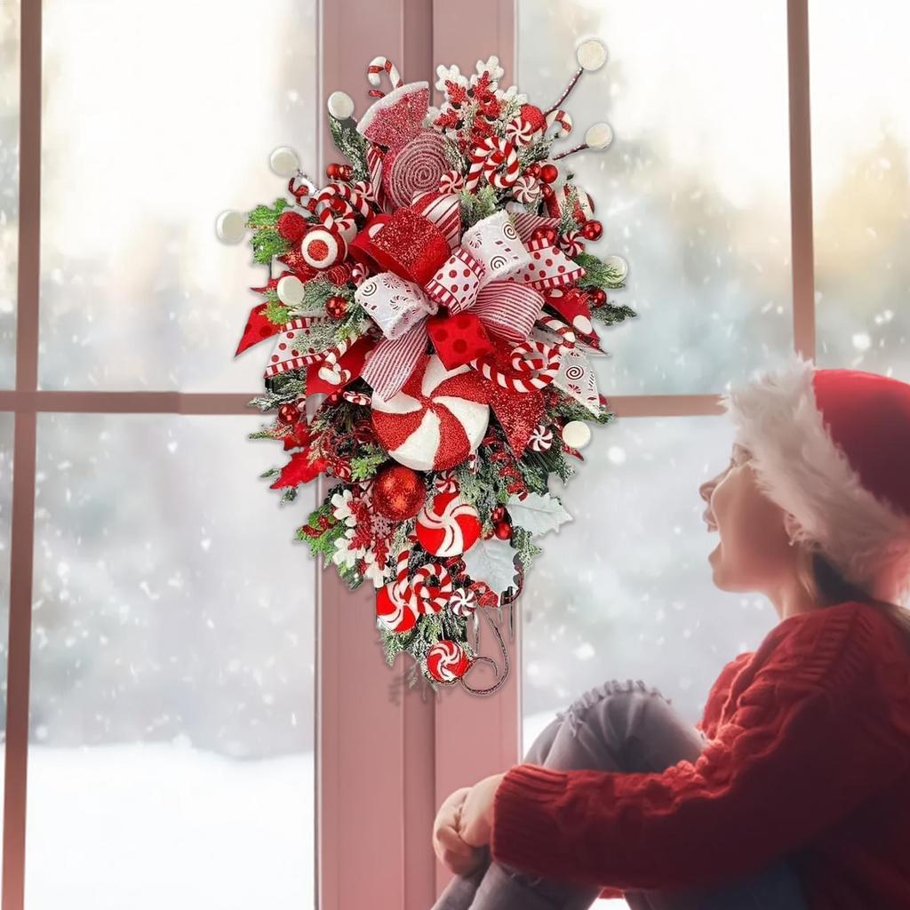 2025 Christmas Door Wreath Red And Candy Cane Teardrop Ornaments With Balls For Home Outdoor Decoration Christmas Flower