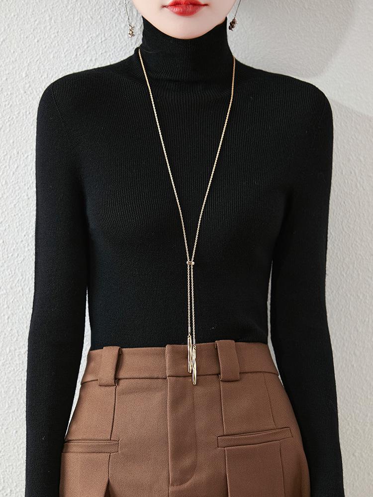Women's Slim-Fit High-Neck Wool Sweater - Soft, Seamless Knit Base Layer for Autumn/Winter