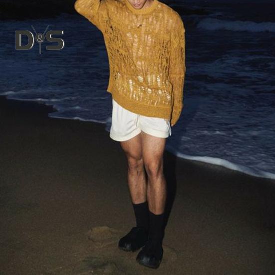 Pánské topy s kulatým výstřihem, s dlouhým rukávem, pletené tričko, pánské oblečení, retro, duté, síťované pletené topy, jarní streetové oblečení