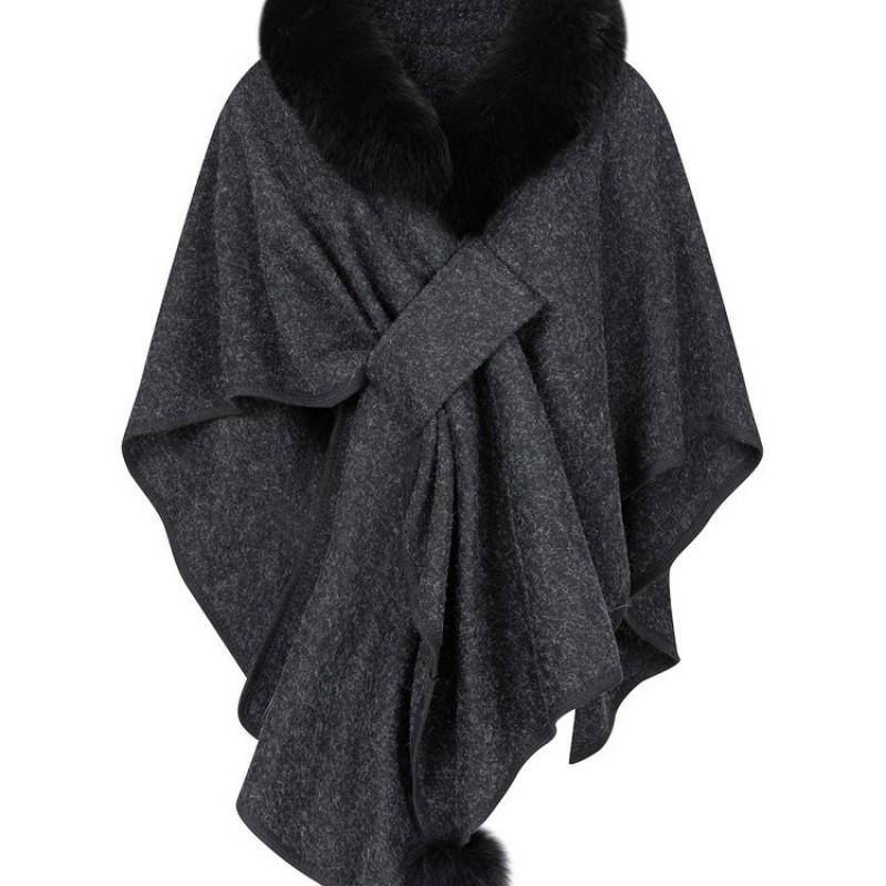 Womens Oversized Knit Cardigan Shawl Cape With Faux Fur Trim Elegant Lady Style Winter