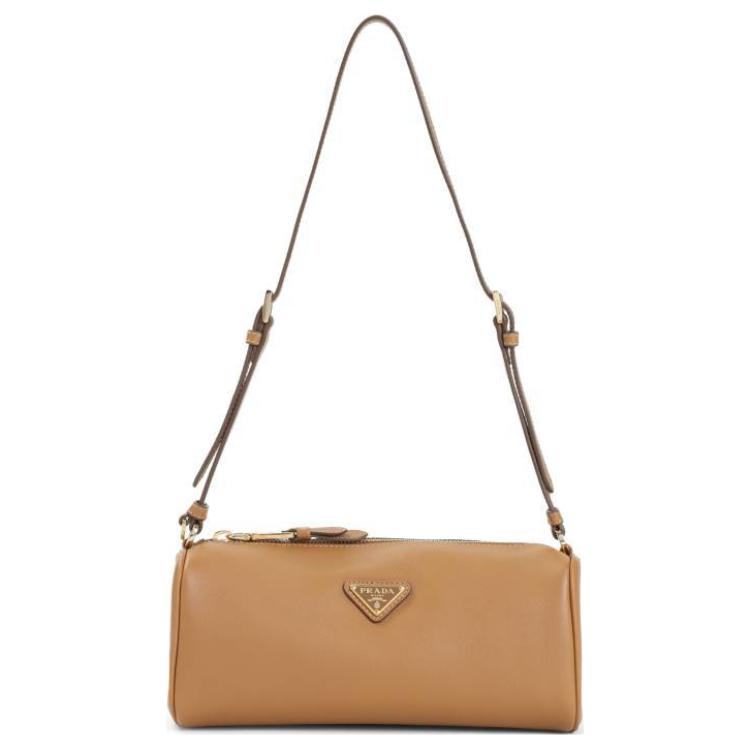 Prada Enamel Triangle Metal Logo Calfskin Shoulder Bag Women Shoulder Bag Brown 1BC239_2CYS_F03BH_V_OVO