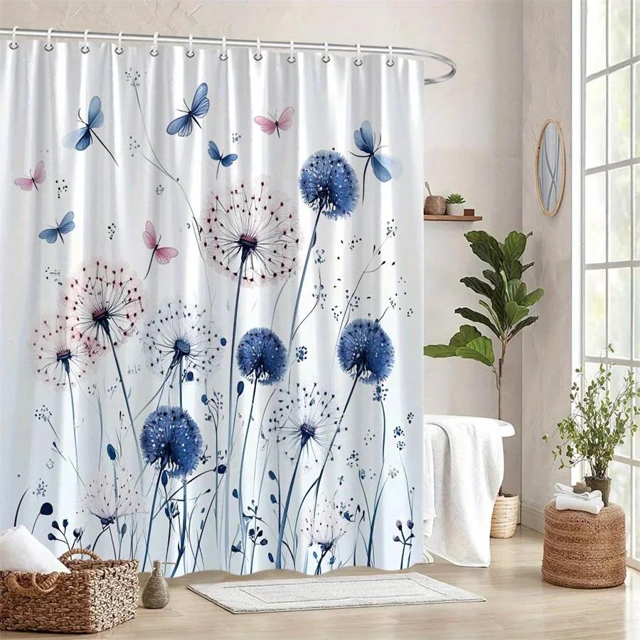 Akvarelový květinový sprchový závěs - Modlé a růžové pampelišky s motýly, Jemné přechodové pozadí, Lze prát v pračce Polyester