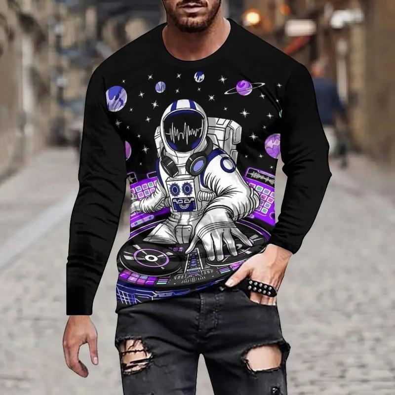 Street Personality Fashion Astronaut Fun Summer Men 3d Printed Crew Neck Long Sleeve Sleeve T-Shirt Loose Casual Clothing