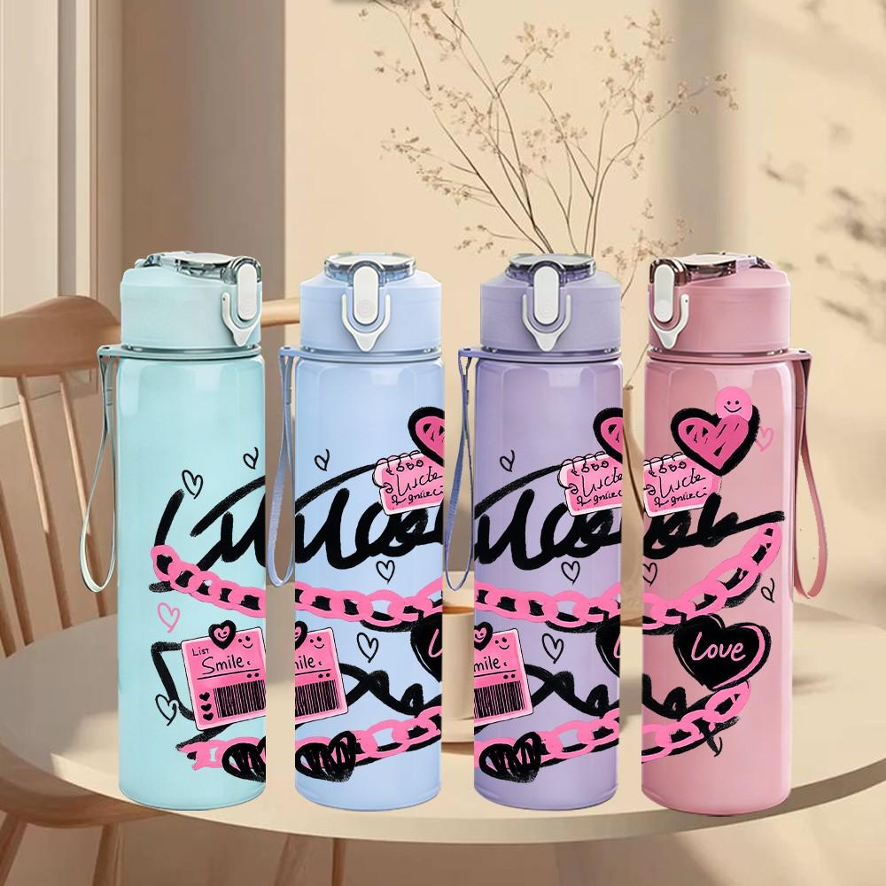 1PC Pink Heart Retro Letter Print 750ml Color Plastic Sports Water Bottle Leakproof Flip Straw Lid Suitable for Sports Office Home Use