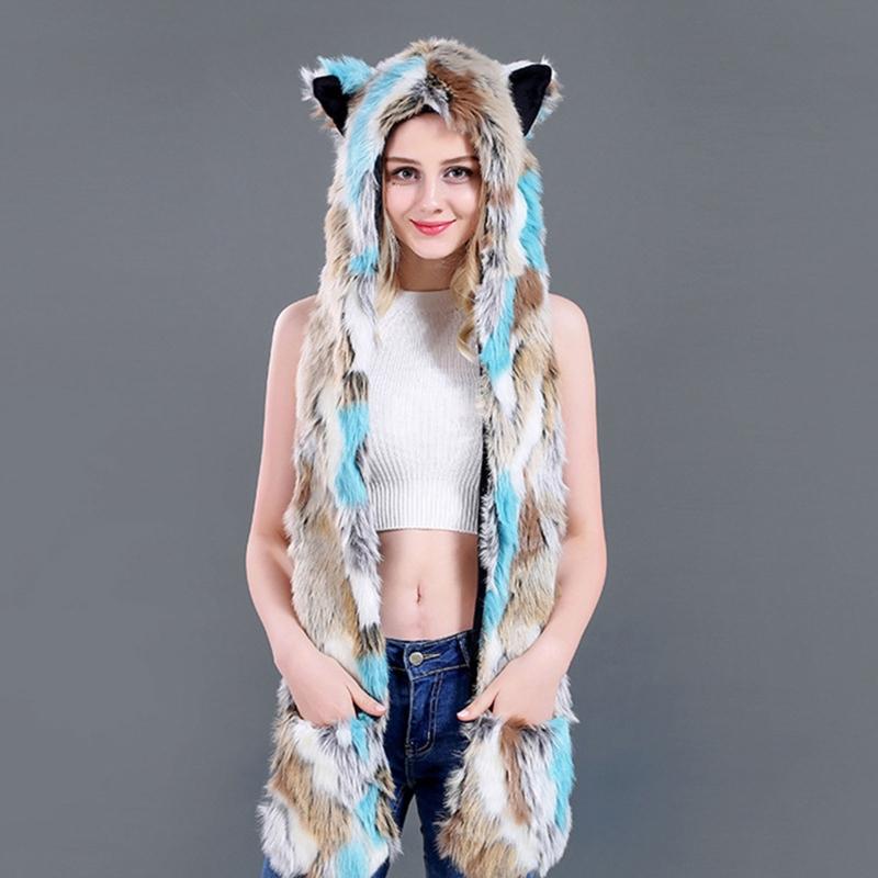 Women 3 In 1 Furry Animal Hat Scarf 