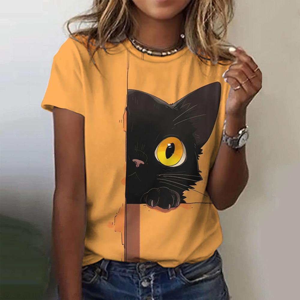 Damen T-Shirt 3D Niedliches Tier Mode Katze Print T-Shirt Sommer Top Lässig Kurzarm Y2k Übergroße Kleidung