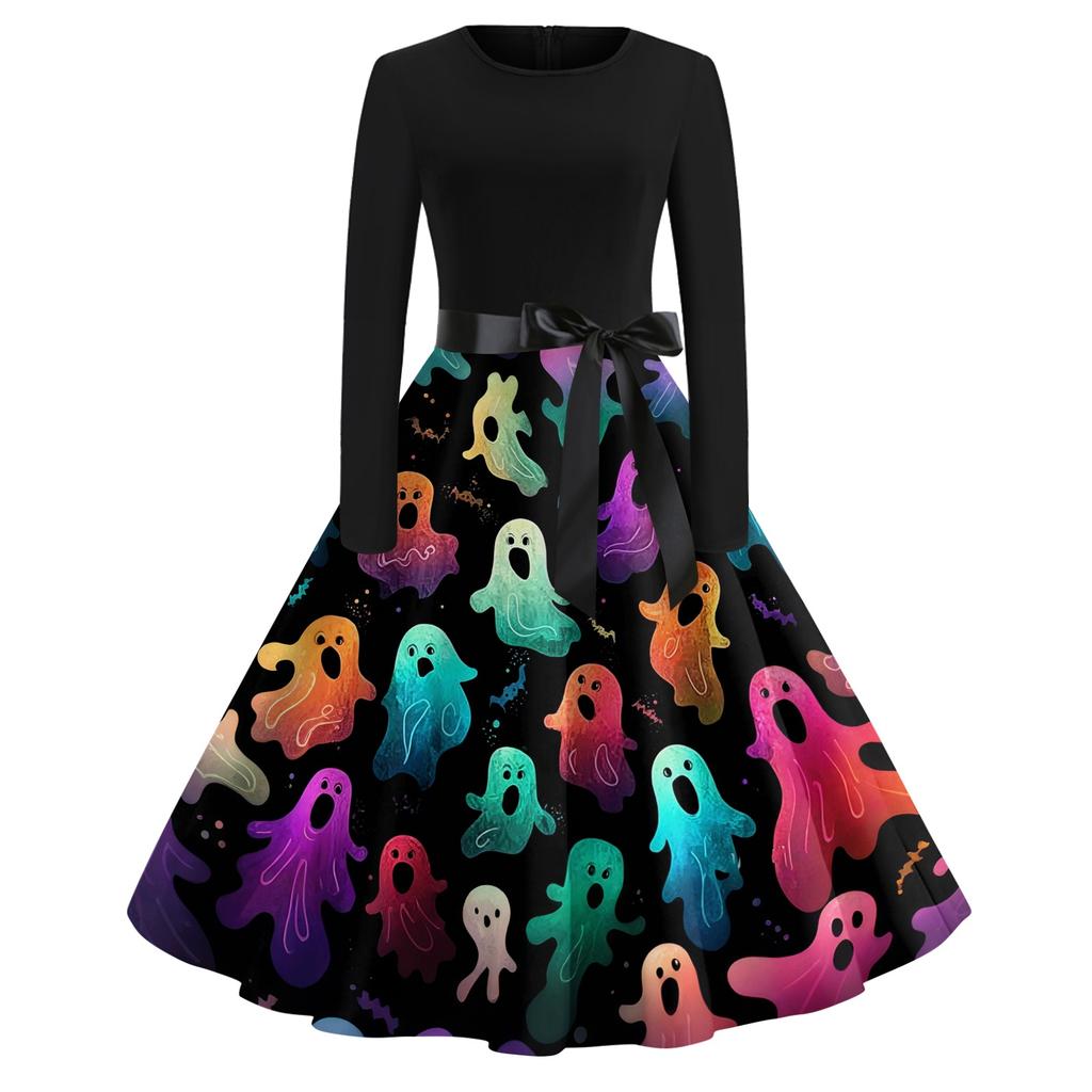 Women Casual Halloween Printed Round Neck Vintage Dress Long Sleeve Fit Flared Skirt Belted Waist Retro Style Dress for Autumn