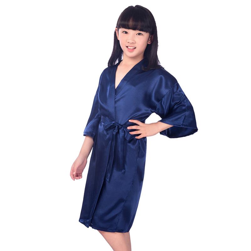 Children's Silk Nightgown Bathrobe Medium and Large Children's Long Plain Glossy Summer Thin Cardigan Robe