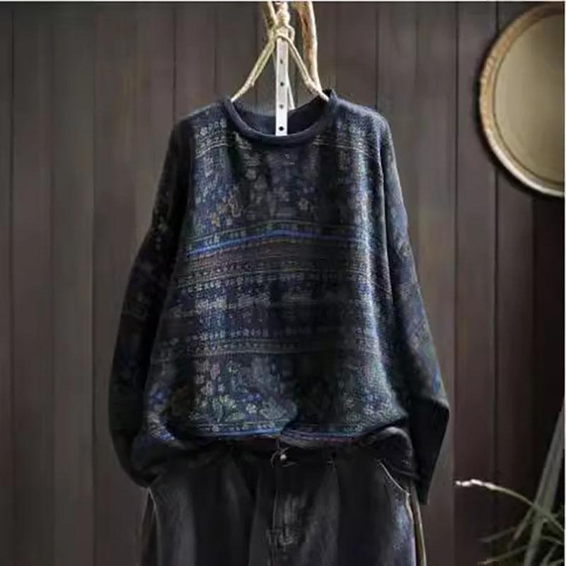 

Женский Осенне-Весновой Винтажный О-Образный Вырез Повседневный Свободный Ретро Свитер Длинные Рукава Принт Свитер One Size темно-синий