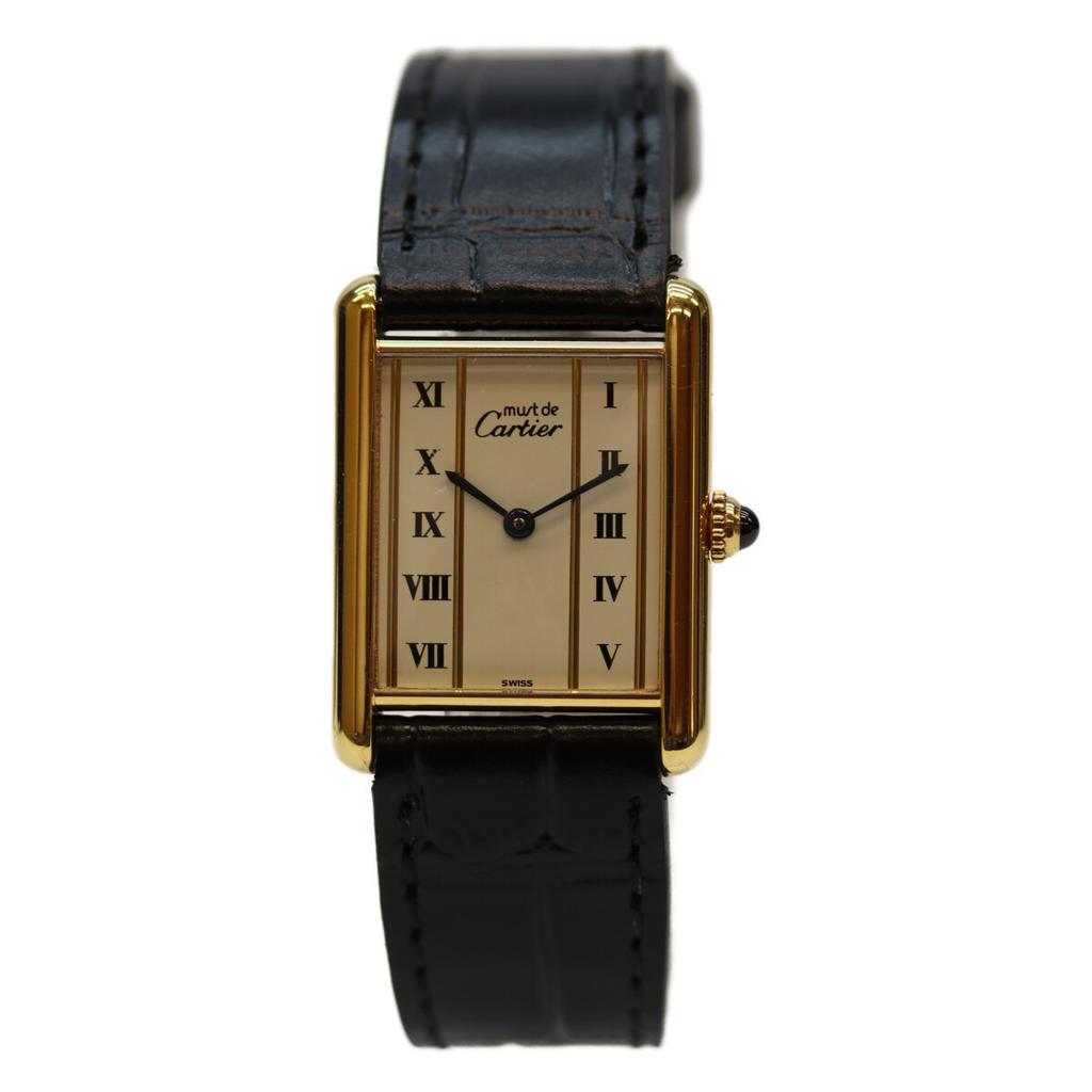 Cartier 82-95 925 Must Tank Vermeil LM White Dial QZ Leather Watches Black / goldUsed