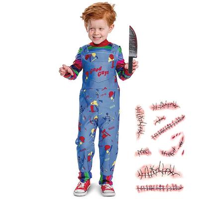 Film Chucky Halloween Meisjeskostuum, Child Play Peuter Chucky Kostuum Cadeau met Litteken Tatoeage Sticker Cadeau