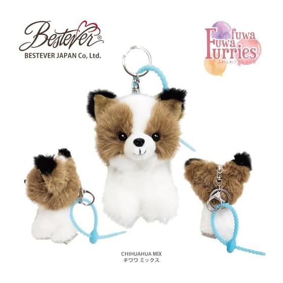 [BESTEVER] Fluffy Furries Plush Keychain Bag Charm Dog Chihuahua Mix Puppy 46266 Premium Rabbit Fur Mascot Keyring Ring Hook with Silicone Zip Tie