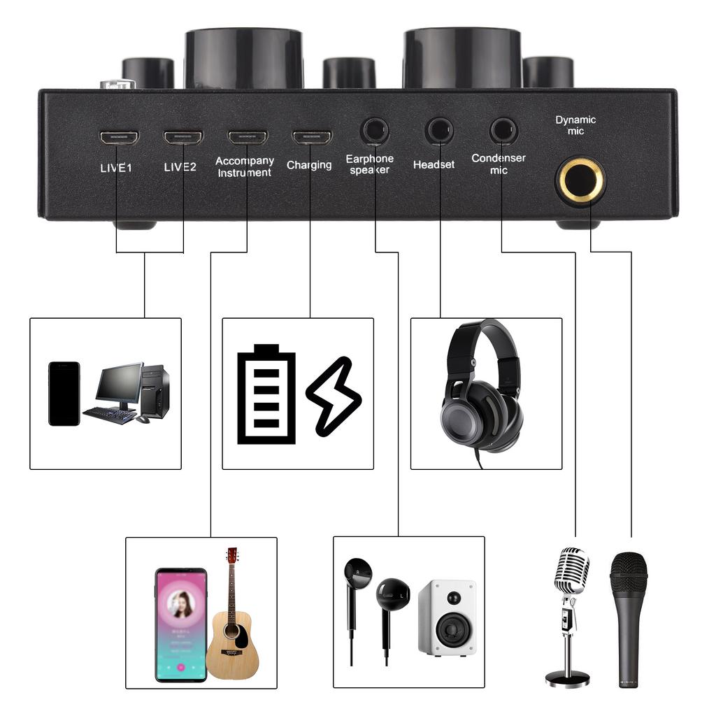 V8 External Live Sound Card Microphone Set Mini Sound Mixer Board for Live Streaming Karaoke Singing Music Recording with 12 Funny Sound Effects BT C