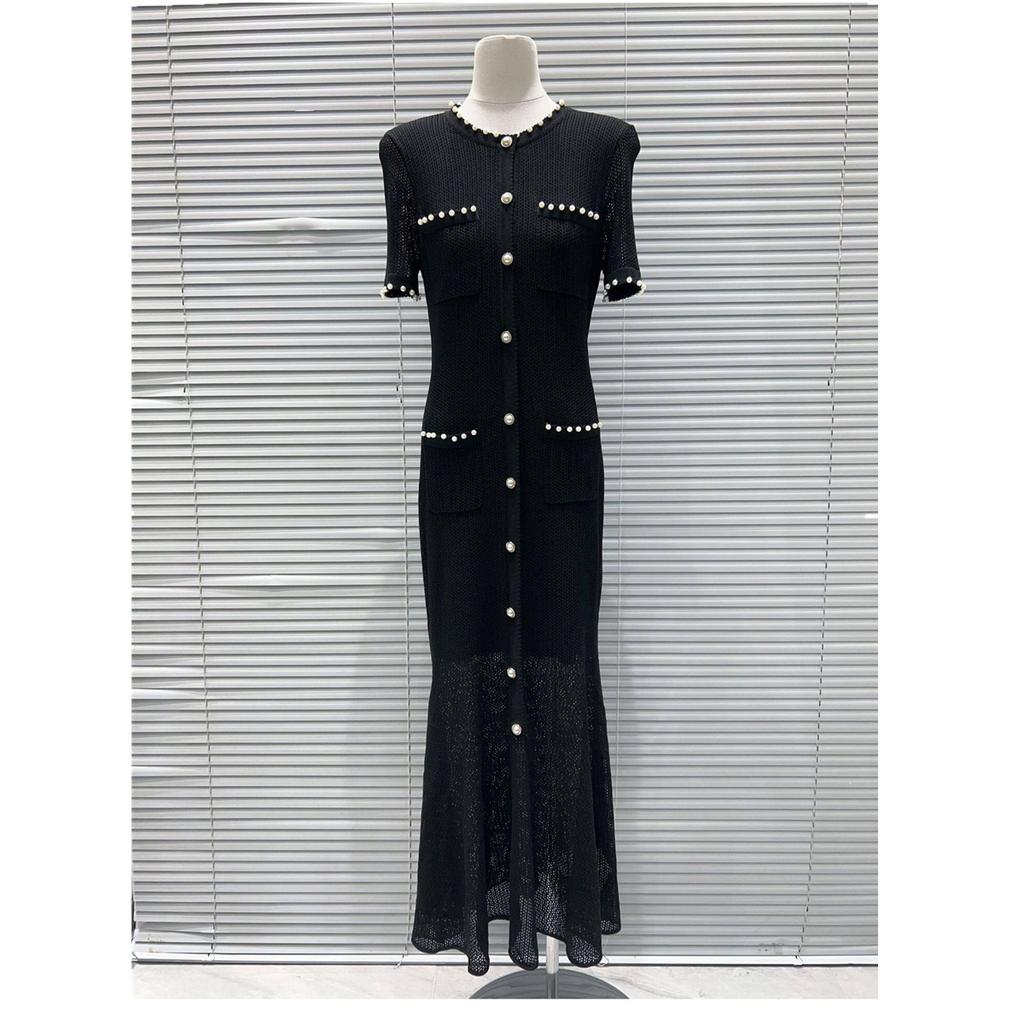 Elegant Lady Beaded Knitted Long Dress Women's Solid Short Sleeve O-Neck Single-breasted Bodycon Party Dress Female