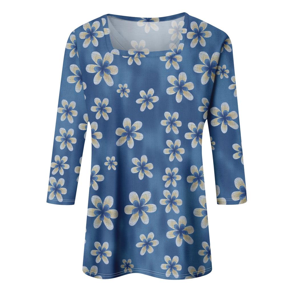Women's 3/4 Sleeve Square Neck Floral Shirt Casual Loose Tunic Top