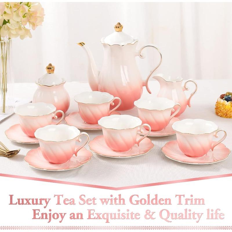 22 pcs Porcelain Tea Set for 6, Luxury British Style Tea/Coffee Cup Set with Golden Trim, Beautiful Tea Set for Women