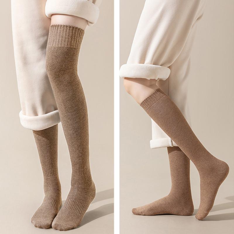 2 Pairs Sets Winter Thick Warmer Stockings For Women Knit Cotton Thermal Over Knee Socks Casual Solid Color Knee Long Sock