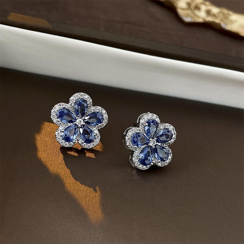 Retro niebieskie cyrkoniowe kwiatowe kolczyki sztyfty ze srebra spersonalizowane wykwintne kolczyki
