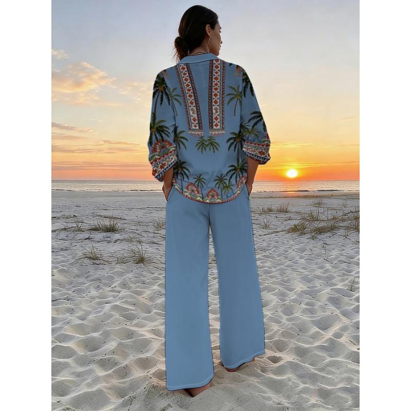 Light Blue Coconut Tree Ethnic Style Shirt Wide Leg Pants Suit Women's Bohemian Resort Style Two-piece Set
