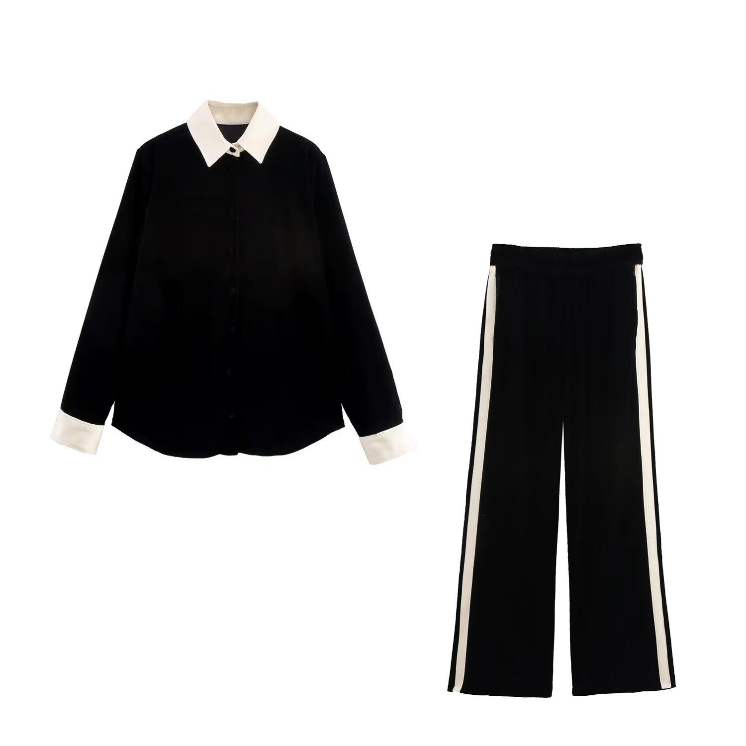 

2025 Early Spring Women s Velvet Texture Spliced Shirt & Pants Set L
