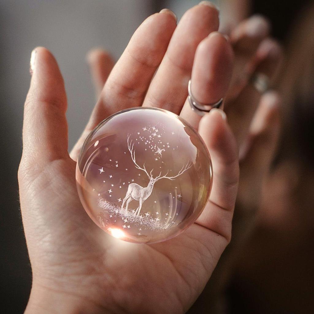 3D Engraved Deer Crystal Globe Lamp | USB LED Night Light with Wooden Base | Creative 6 cm Crystal Ball Table Lamp for Bedroom, Home, (Warm White)
