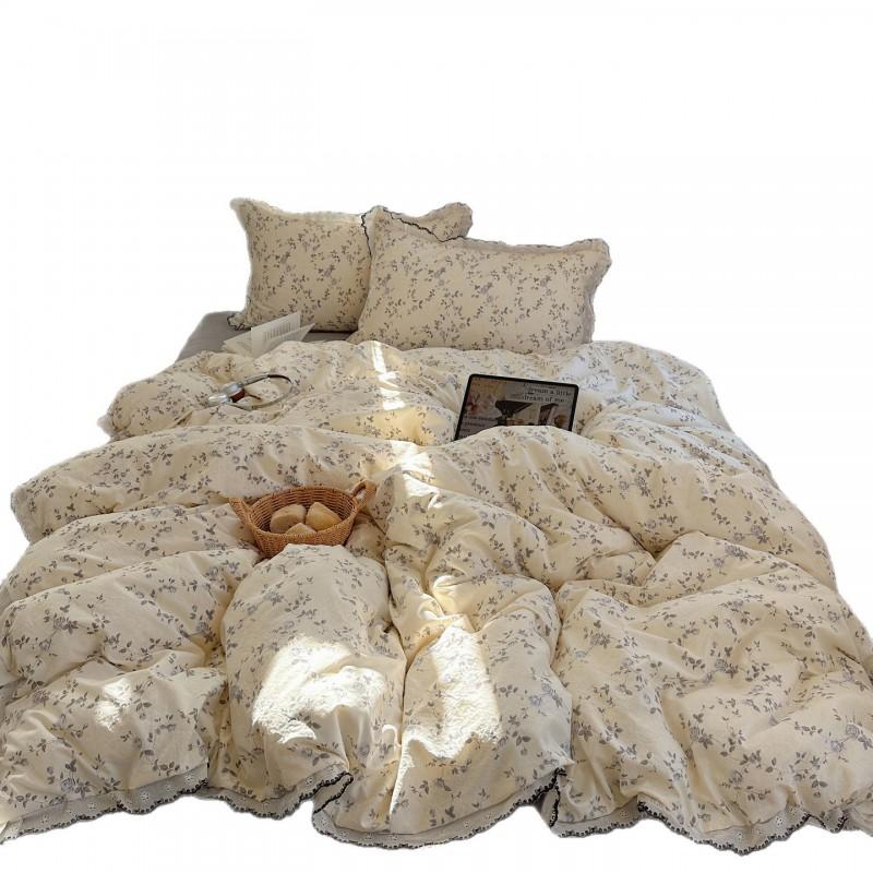 Soft Cotton Bedding Set With Lace Trim Floral Print French Style Queen King Twin Size 4 Piece