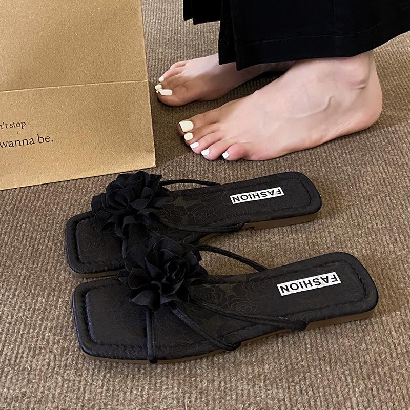 Fairy wind rose sweet one-word slippers female summer outer wear temperament with skirt open-toed flat-bottomed sandals shoes