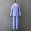 Women Spring Autumn Solid Color V Neck Ice Silk Pant Suits Relaxed High Waist Sweater Two Piece Set