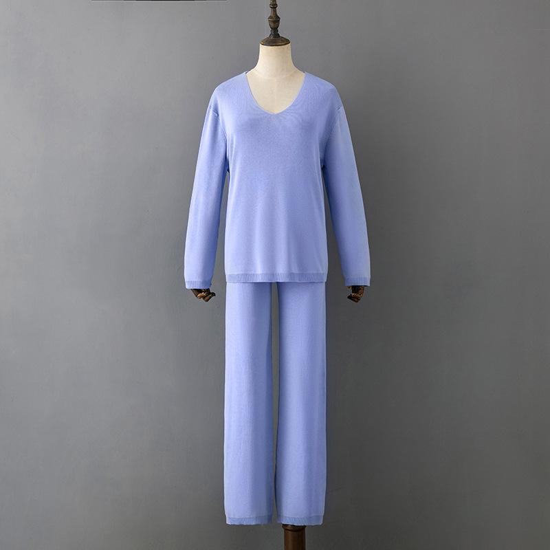Women Spring Autumn Solid Color V Neck Ice Silk Pant Suits Relaxed High Waist Sweater Two Piece Set