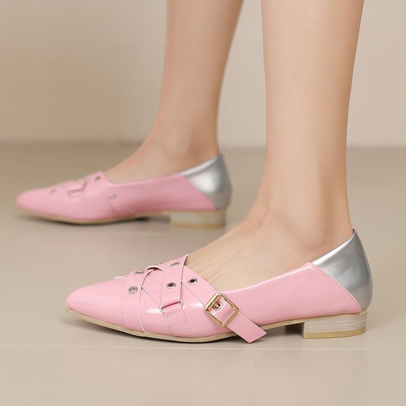 Spring Pointed Women's Shoes Flat-soled Single Shoes Rivet Belt Buckle Commuting Versatile Temperament Women's Single Shoes Comfortable College Style