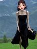 Women's Black Padded Bust Sling Dress, Slimming A-line Summer Resort Skirt