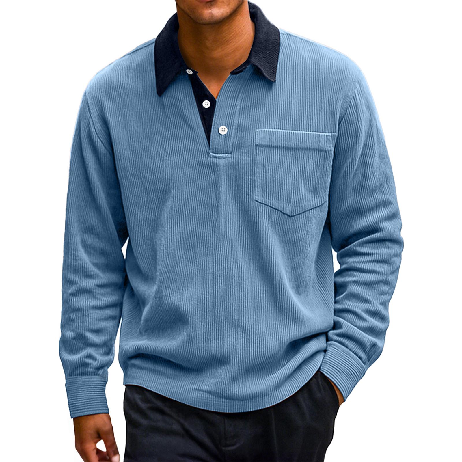 Men s Retro Corduroy Lapel Colorblock Casual Long-sleeved Shirt L