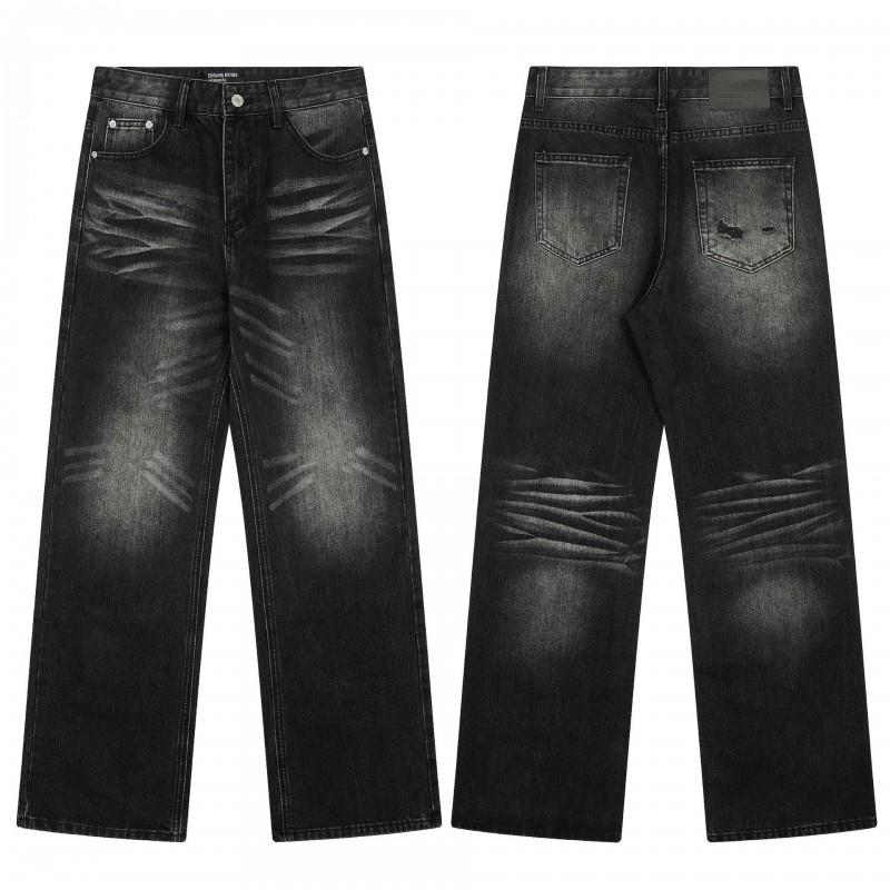 Mens Distressed Straight Fit Denim Jeans With Embroidery Mid-Rise Water Washed Cotton Blend Streetwear Casual Pants