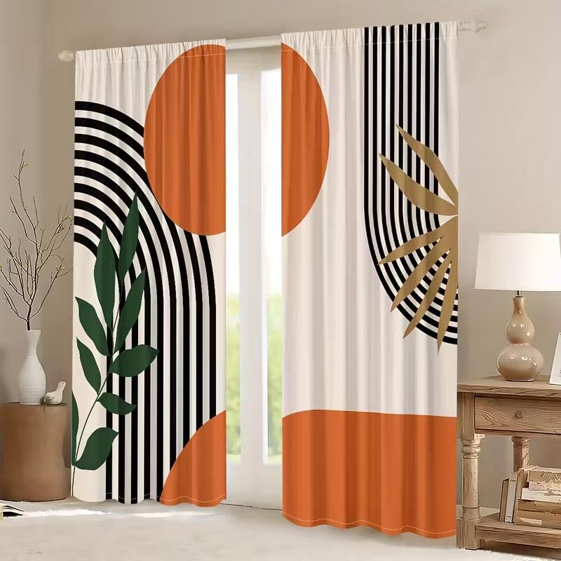 Modern Geometric Curtains Orange Black Abstract Pattern Plant Elements Living Room Bedroom Decor Set Of 2 Made Polyester With Rod Pocket Area