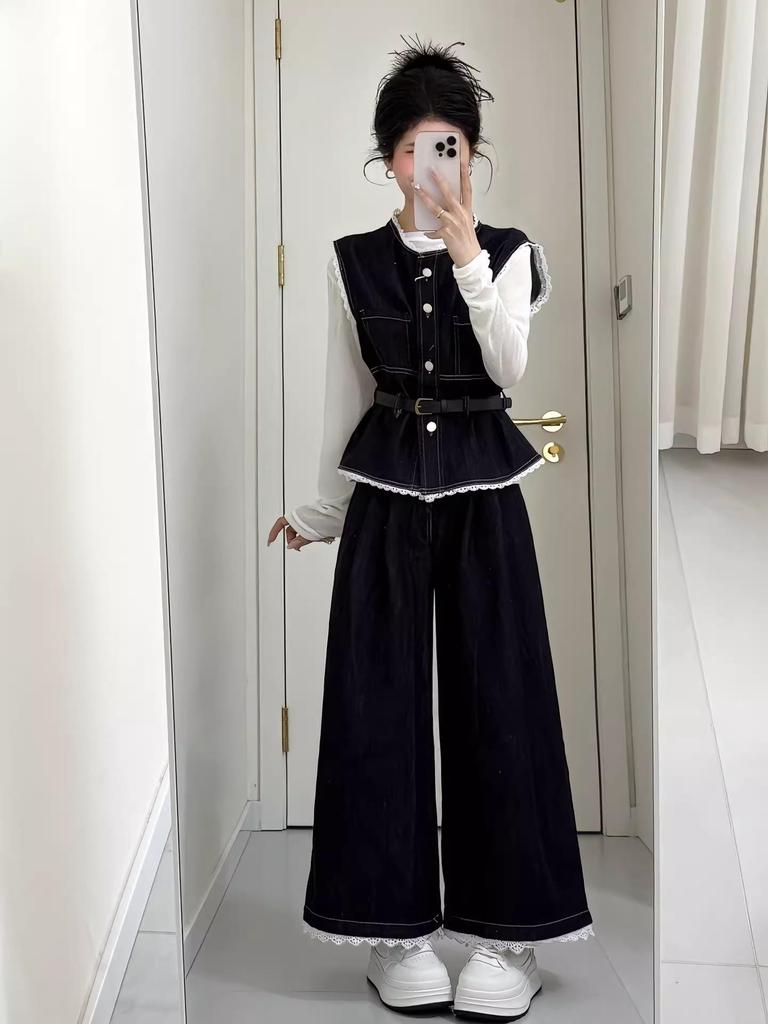 Spring Plus Size Layered Vest & Wide-Leg Jeans Fashionable Three-Piece Set