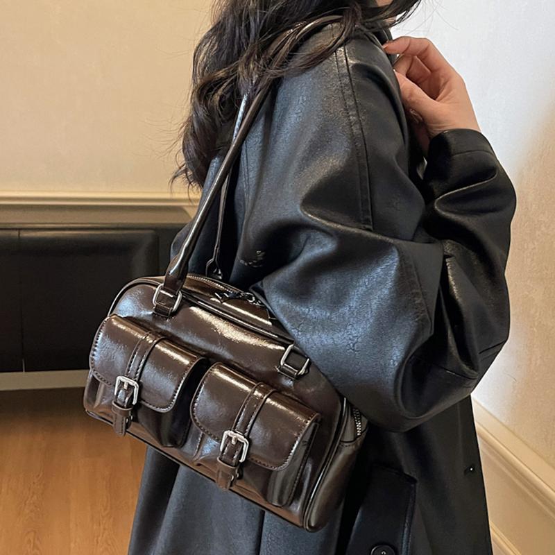 2025 Winter Retro PU Leather Double Pockets Underarm Bags For Women Y2K New Korean Fashion Female Shoulder Bag Stylish Handbags