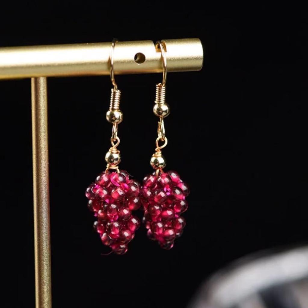 Natural Burgundy Garnet Woven Grape Earrings 14K Gold Ear Hooks, Garnet Grape Earrings