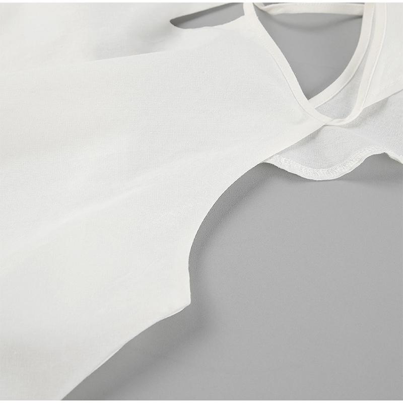 Casual White Cotton and Linen Women's Suit Fashion Fly Sleeve Tops Wide-leg Pants Solid Color Two-piece Suits