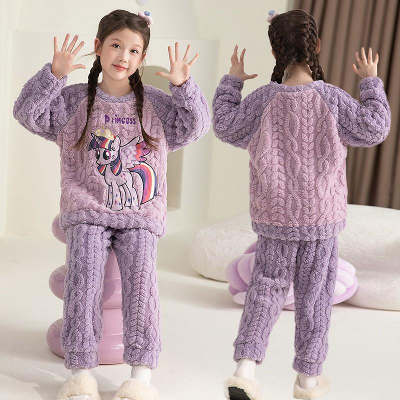 Girls Coral Fleece Pajama Set With Hooded Cartoon Character Design Winter Warm Sleepwear Kids 8 Years