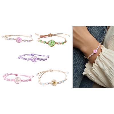 Adjustable Waxed Cord Bracelet Handmade Ceramic and Glass Flower Beads Wristchain Everyday Wear Wristband Jewelry
