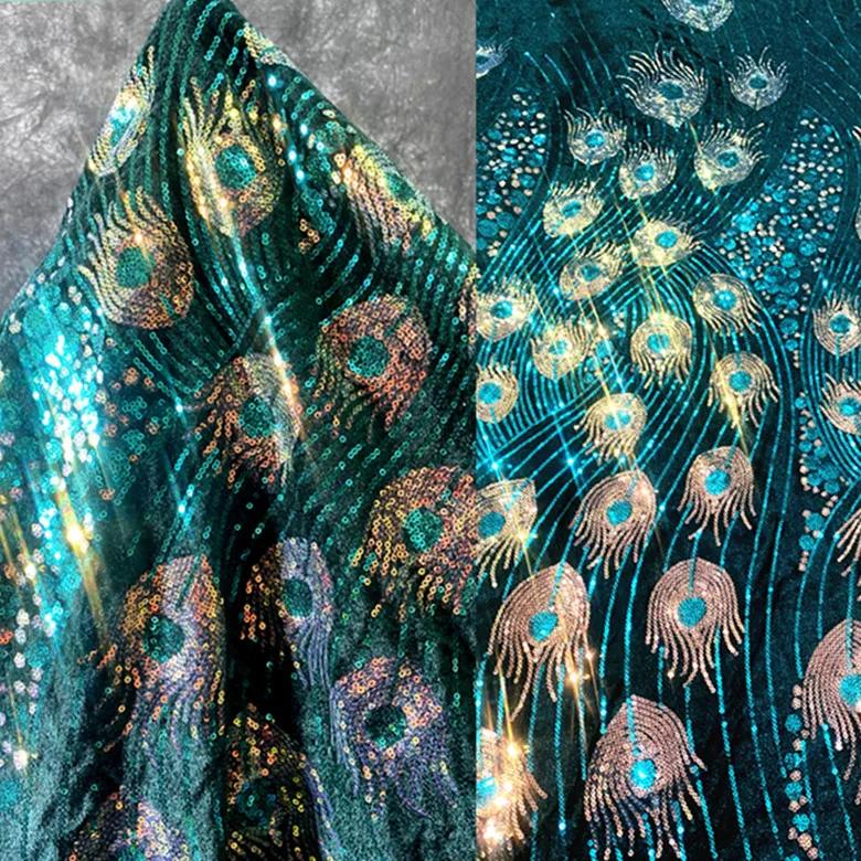 

100x128cm Peacock Feather Glitter Sequin Fabric Embroidery Lace Fabric Sewing Material DIY Wedding Dress/Performance Clothing 100x128cm зелёный