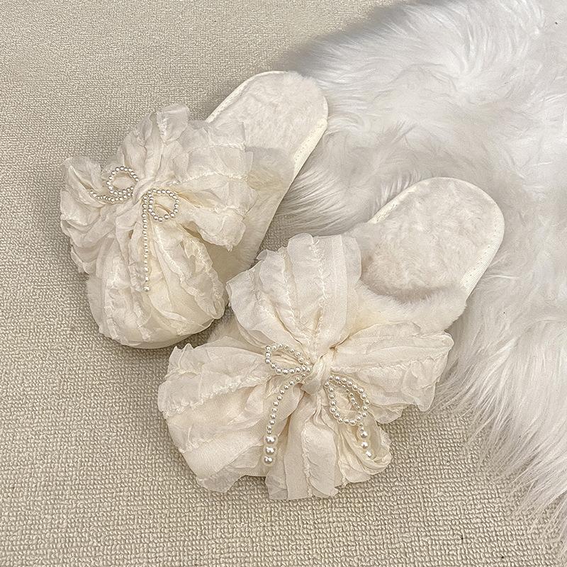 Thick-bottomed Bow Slippers for Women's Wear New Fashionable Pearl Versatile Casual Sandals Soft-bottomed Comfortable One-word Slippers