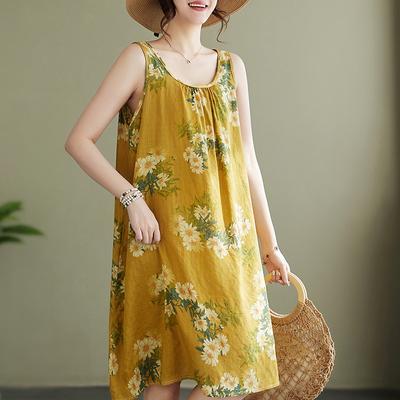 Summer Plus Artistic Loose Sleeveless Round Neck Printed Suspender A-line Dress for Women